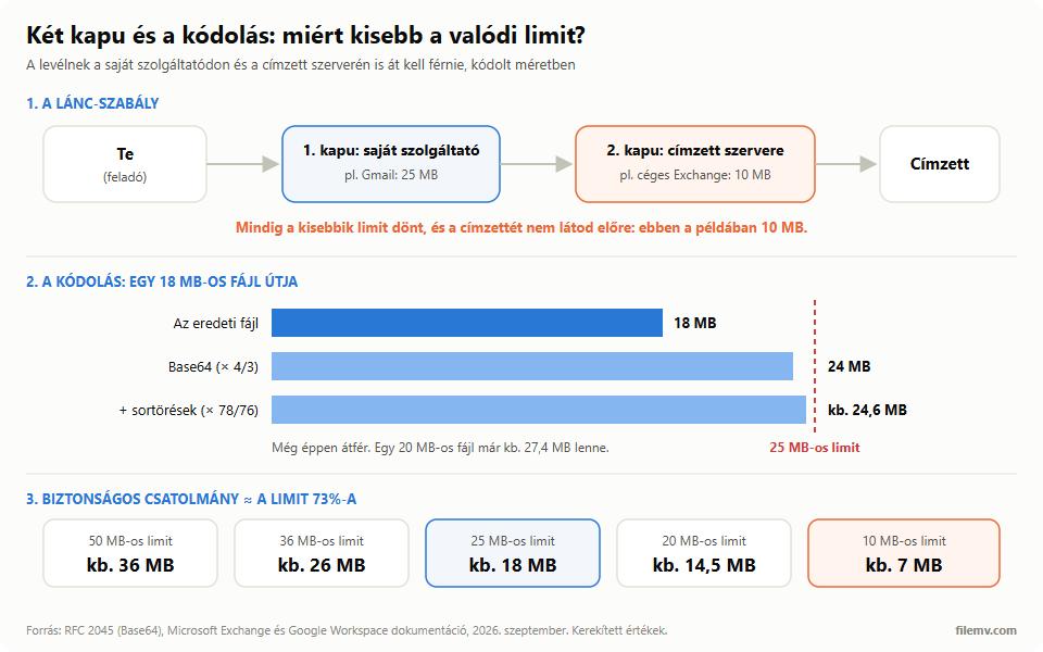 Az e-mail útja: a feladó szolgáltatója, majd a címzett szervere; mindkettőnek saját limitje van, a kisebbik dönt. Base64-példa: egy 18 MB-os fájl kódolva kb. 24,6 MB; a biztonságos csatolmány a limit kb. 73%-a.